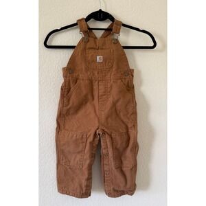 Carhartt Kids Brown Duck Flannel Lined Canvas Overalls Double Knee Size 24M
